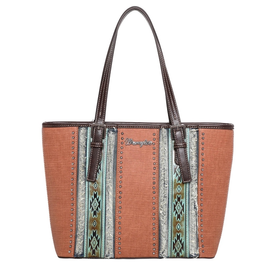 WRANGLER AZTEC EMBOSSED FRAY DENIM CONCEALED CARRY TOTE BAG